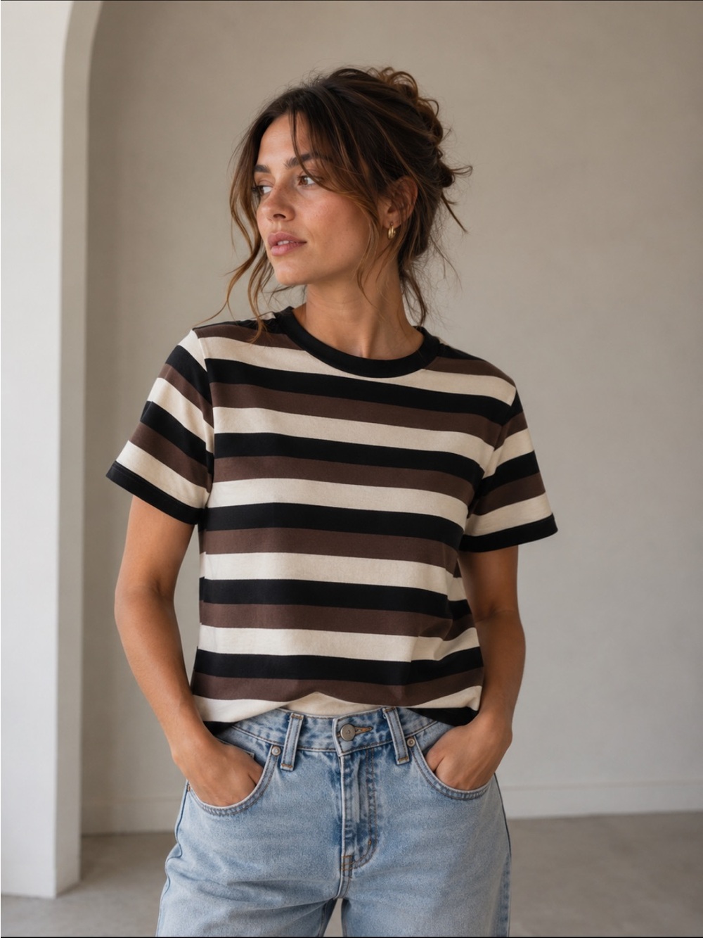Vintage Christopher & Banks Striped Short Sleeve Tee in Black, Brown & Cream